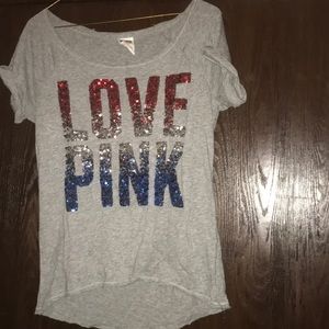 Pink t shirt and sports bra!